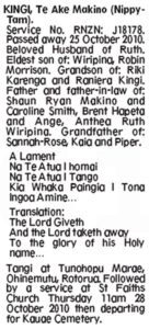 Tam Kingi Death Notice